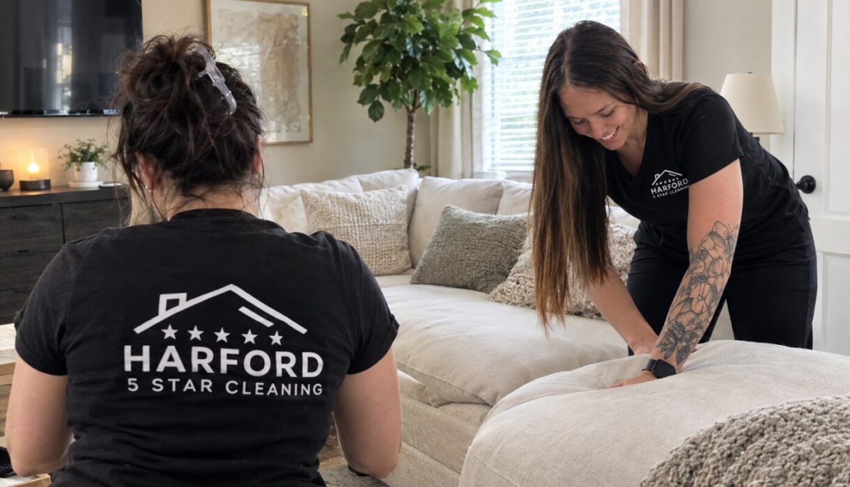 Harford 5 Star Cleaning team cleaning a living room sofa