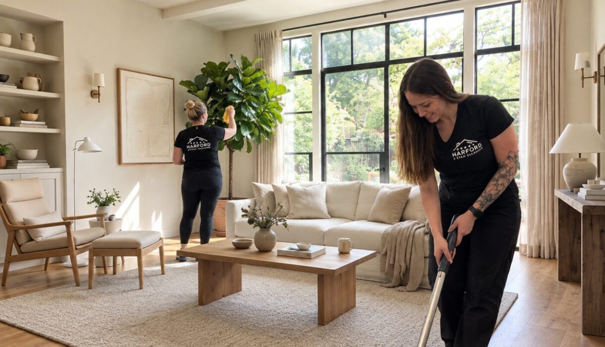Harford 5 Star Cleaning team vacuuming a living room
